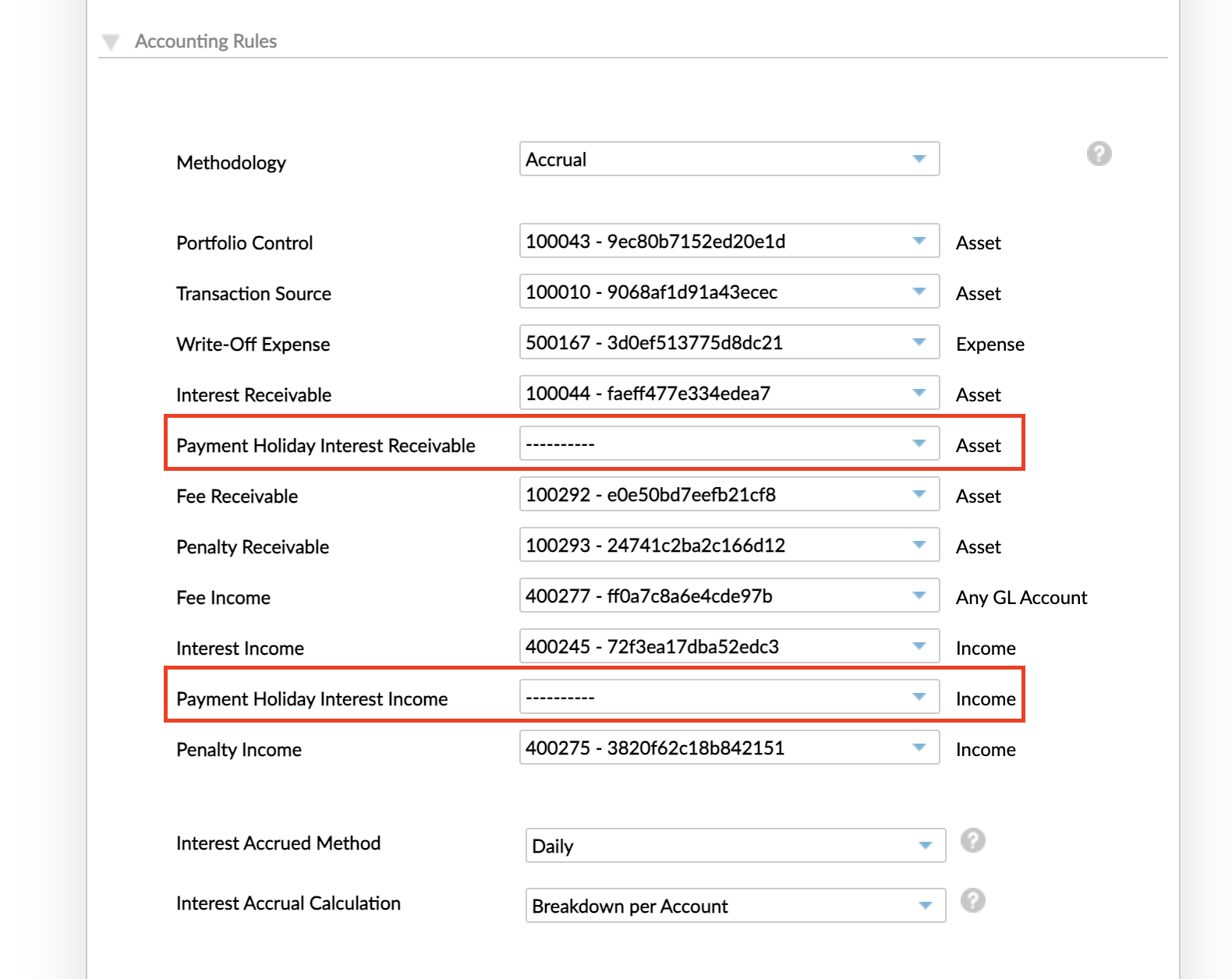 Configuring for payment holiday interest
