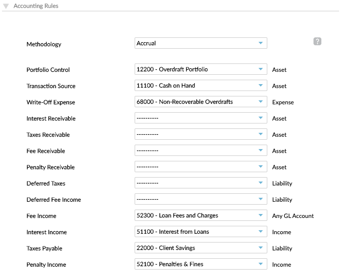 Select corresponding General Ledger Accounts for loan products using accrual based accounting 
