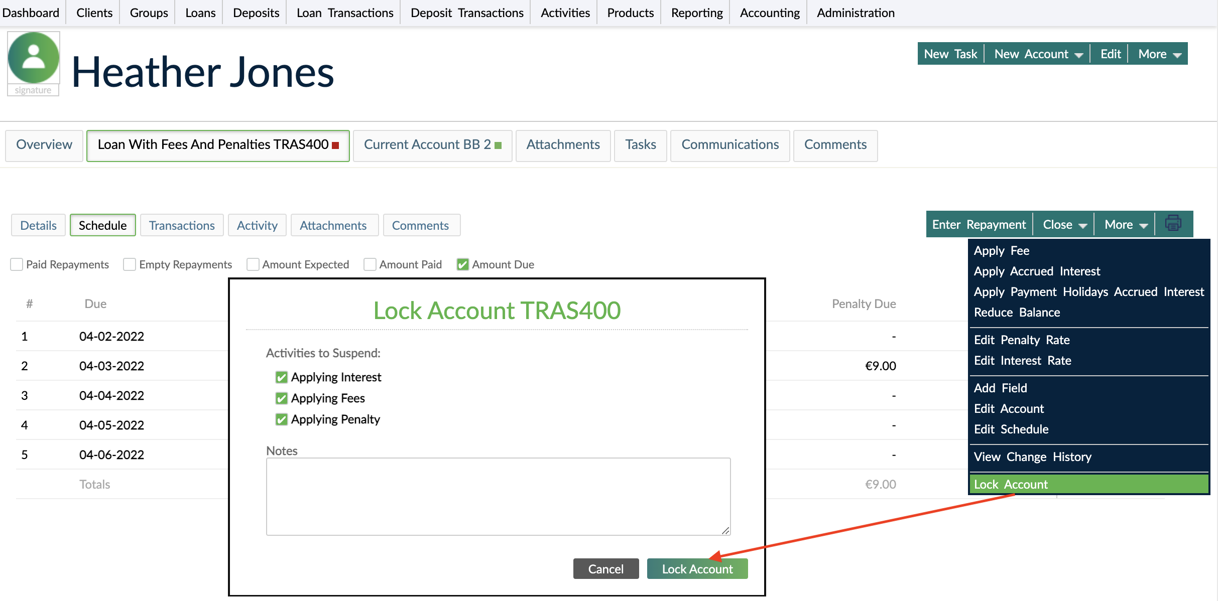 Lock loan option with the available activities to suspend