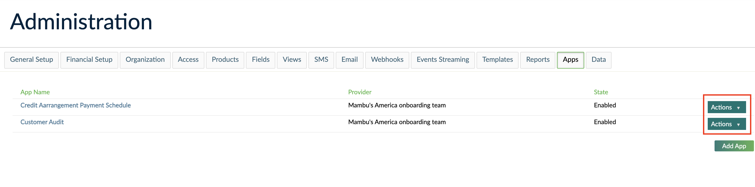 The Mambu Apps list, where you can edit Apps
