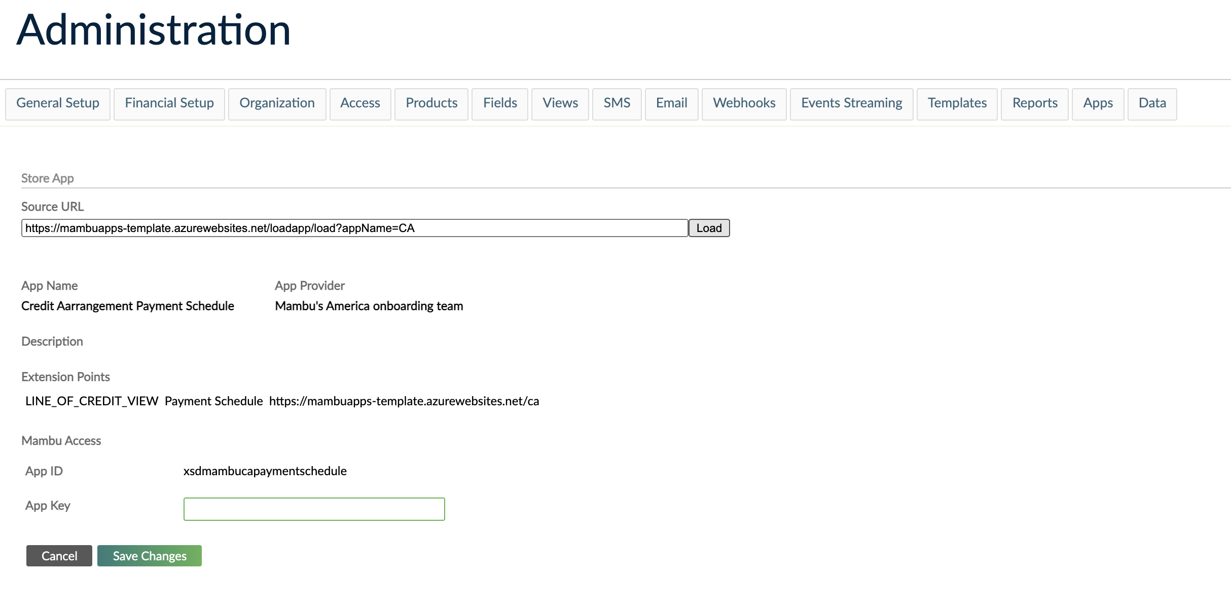 Enter an App Key to complete loading the App