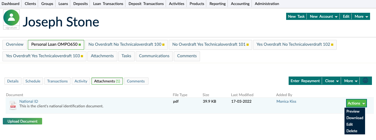 The Upload Document button from Attachments view and the available options related to documents, preview, download, edit, and delete