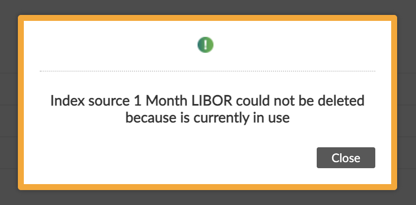 Warning dialog about deleting rate sources for index interest rates that are in use.