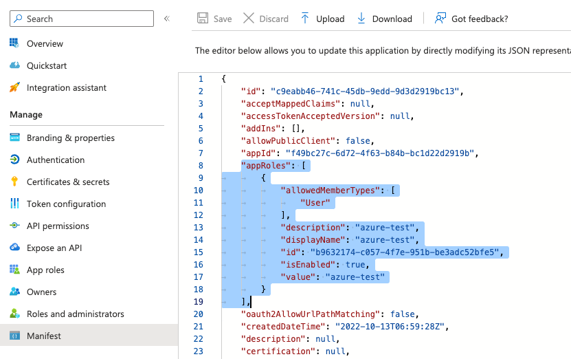 Create app role with application manifest