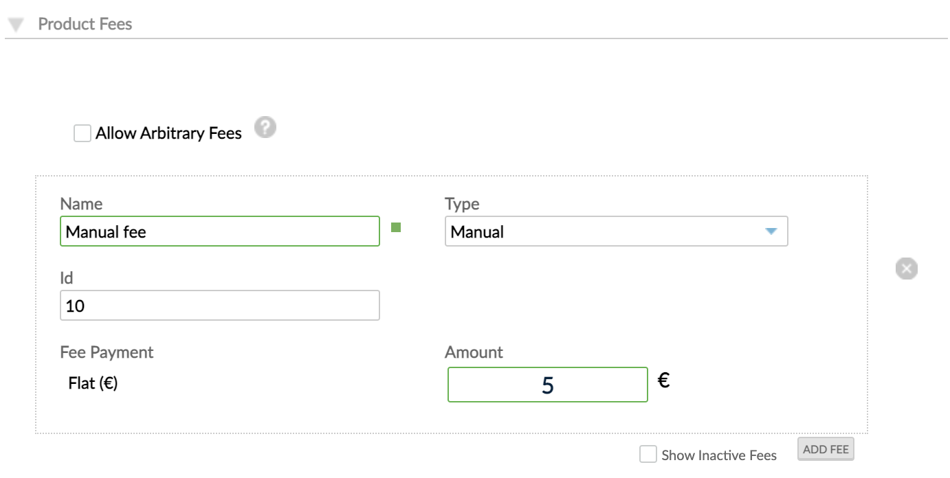 Product fees section with example of manual fee of five euros