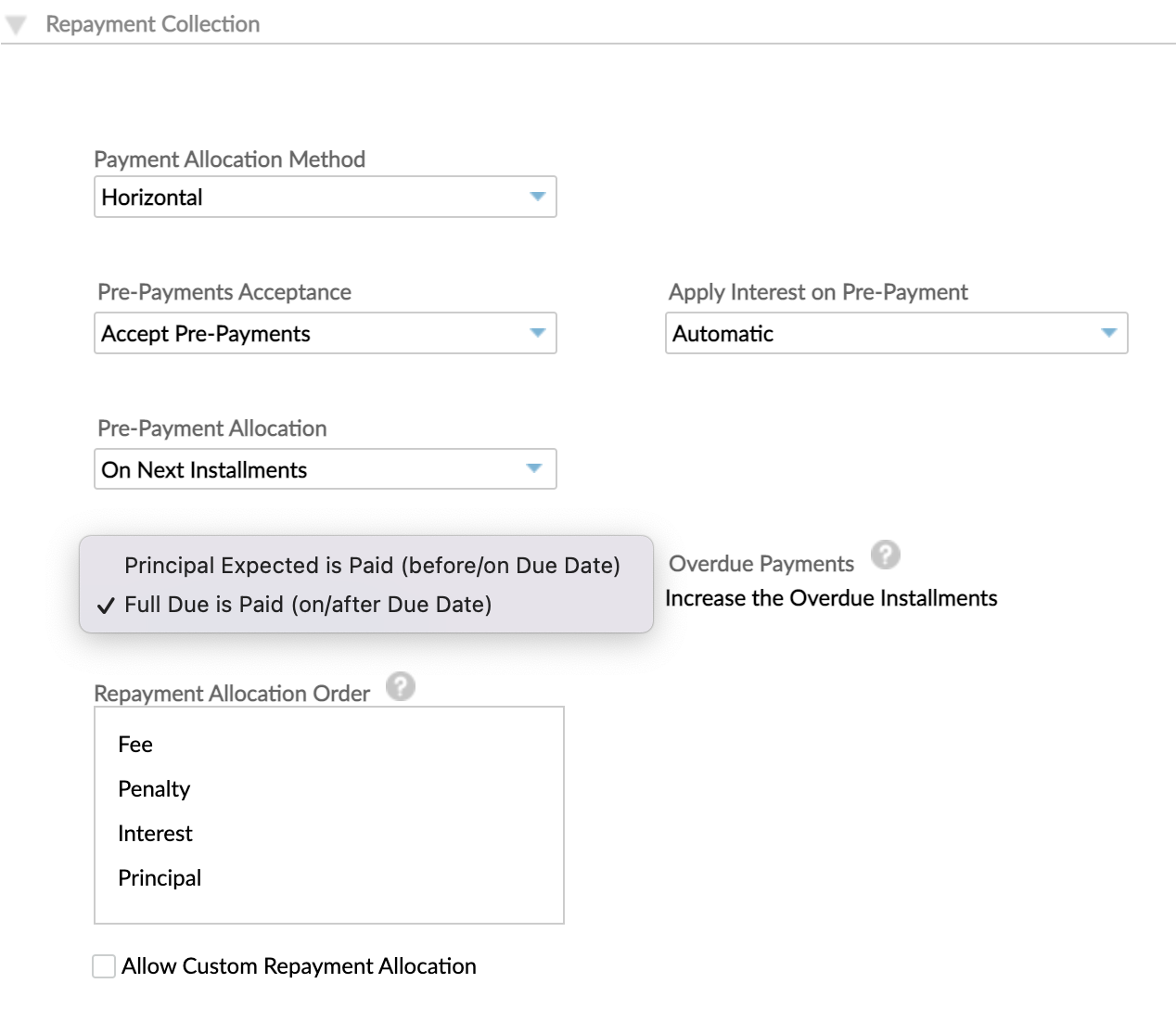 Repayment collection section of the Setting up a new loan form with the two options of When to mark installment as paid: when principal expected is paid or when the full due is paid