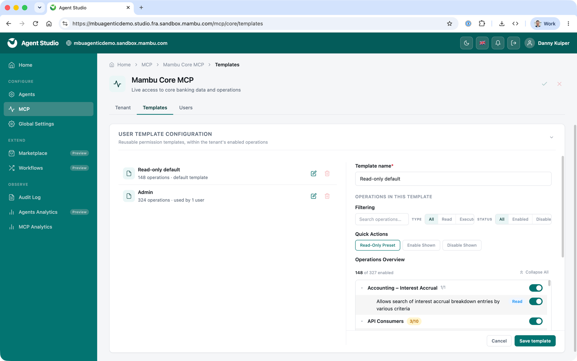Agent Studio Templates tab showing a reusable permission template made of enabled operations