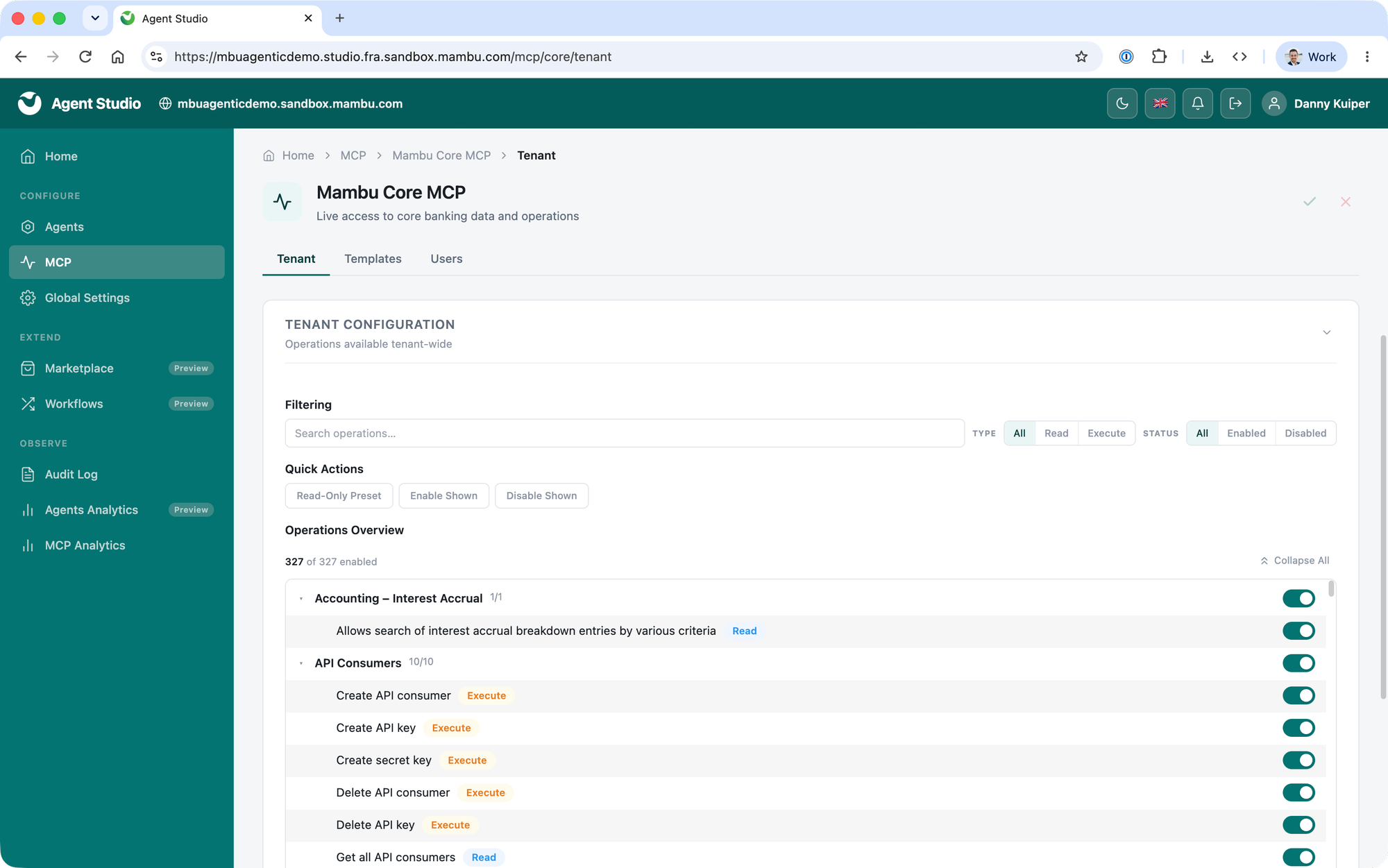 Agent Studio Mambu Core MCP configuration showing operations enabled per group for the tenant