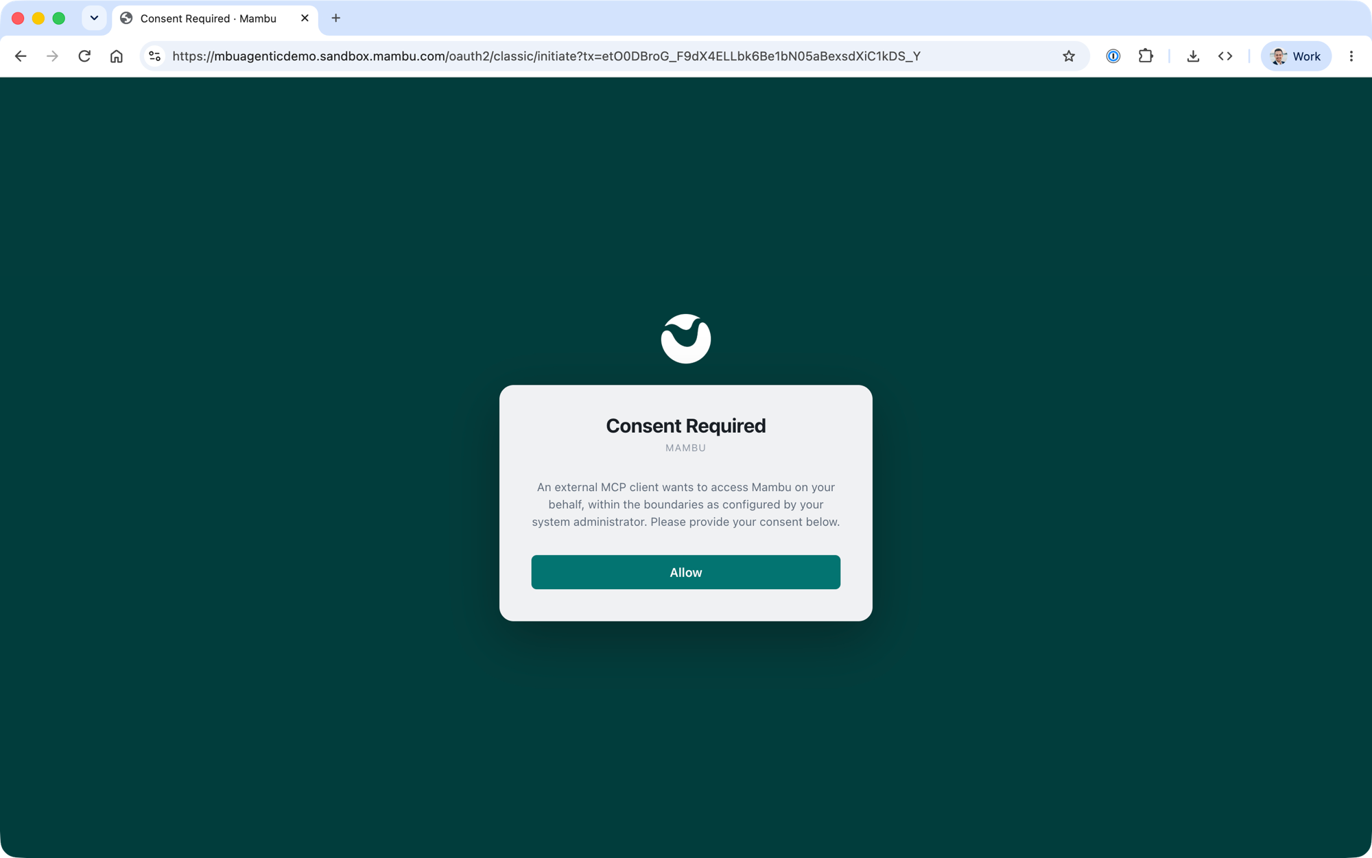 Mambu MCP consent screen granting the client permission to access Mambu on your behalf