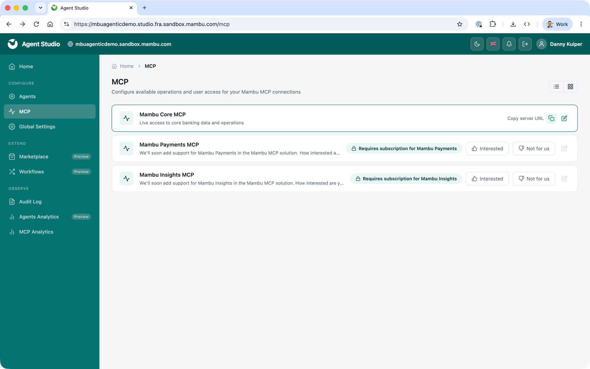 Agent Studio Configure MCP screen with the Copy server URL option on the Mambu Core MCP connection