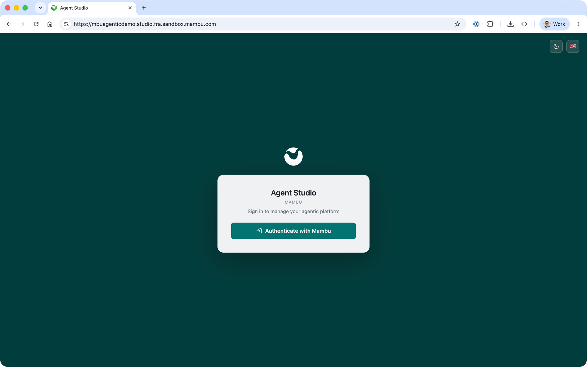 Agent Studio sign-in screen with the Authenticate with Mambu button