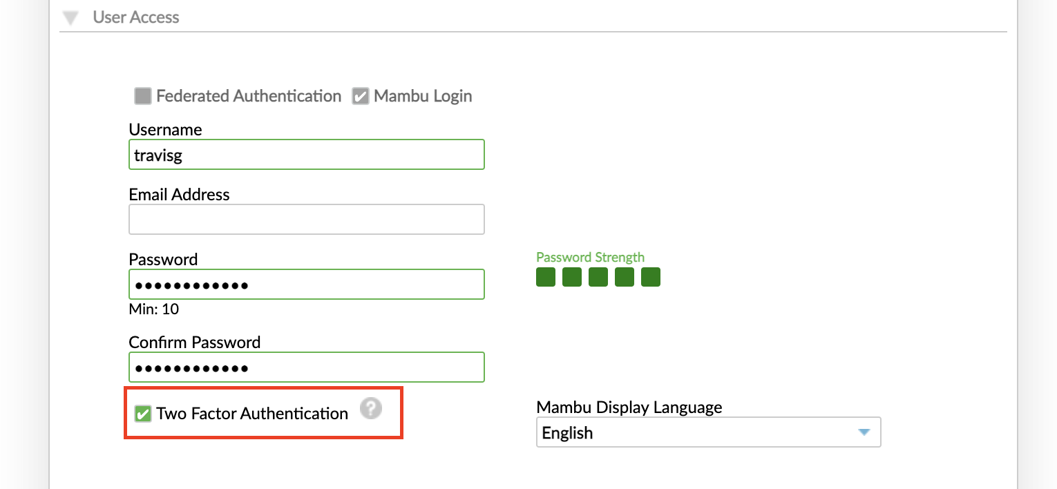 Enabling two factor authentication a new user.