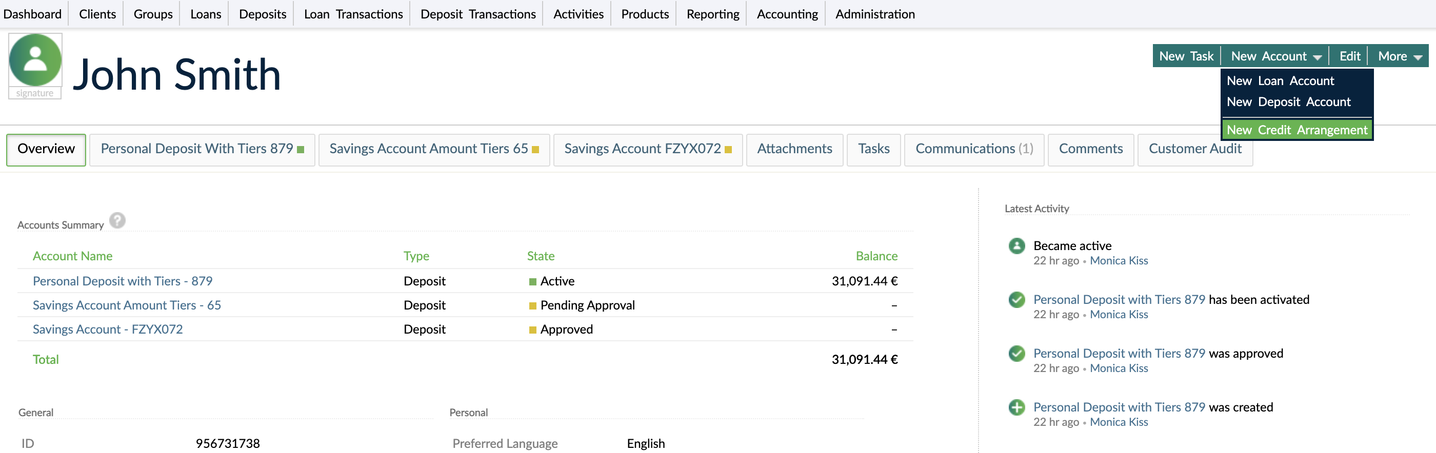 New Credit Arrangement option from New Account drop-down