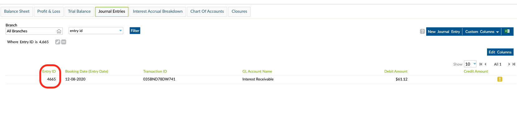 Entry ID under Journal Entries corresponds to Parent ID under Interest Accrual Breakdown