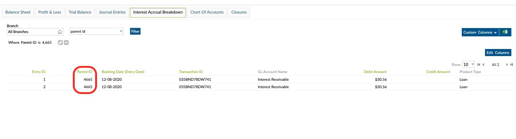 Parent ID under Interest Accrual Breakdown corresponds to Entry ID under Journal Entries