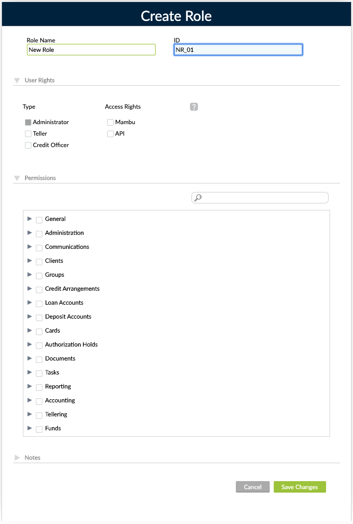 Create Role view from where the name of the role, rights and permissions are set.