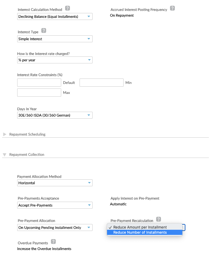 Pre-payment recalculation under Repayment Collection in the Creating a new loan product form