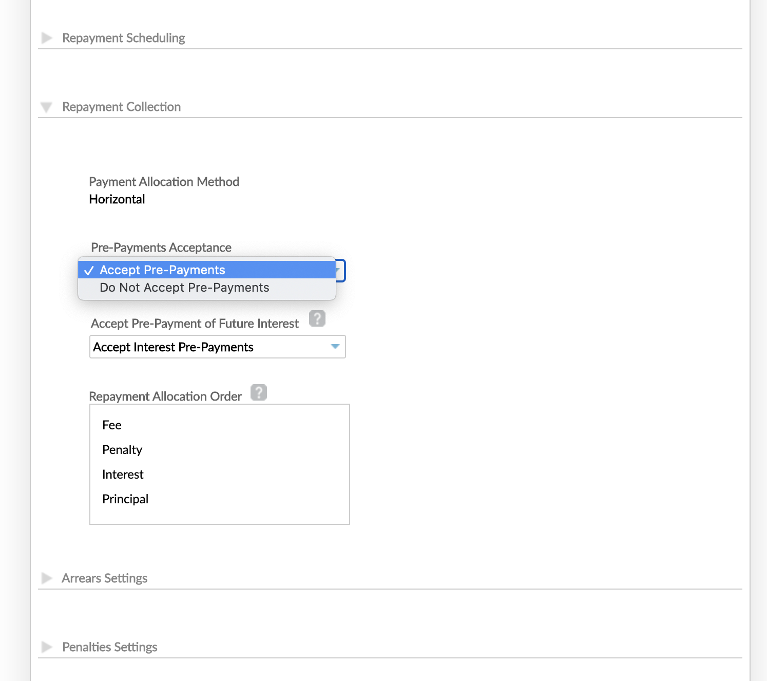 Pre-Payments Acceptance for Loan Products