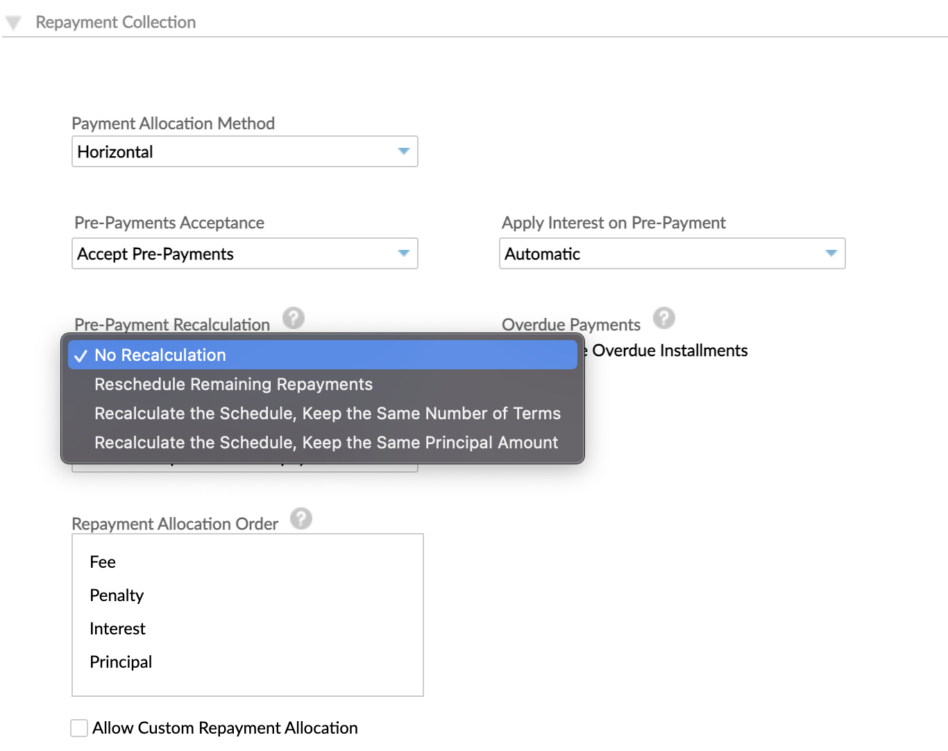 The available prepayment recalculation methods