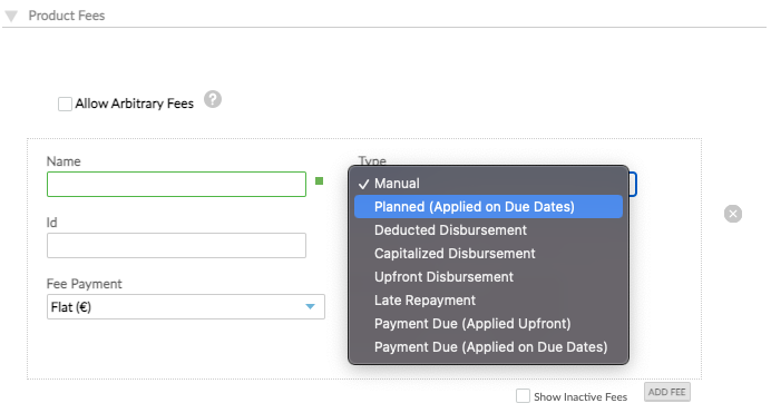 Product fees section of the setting up a new loan product form