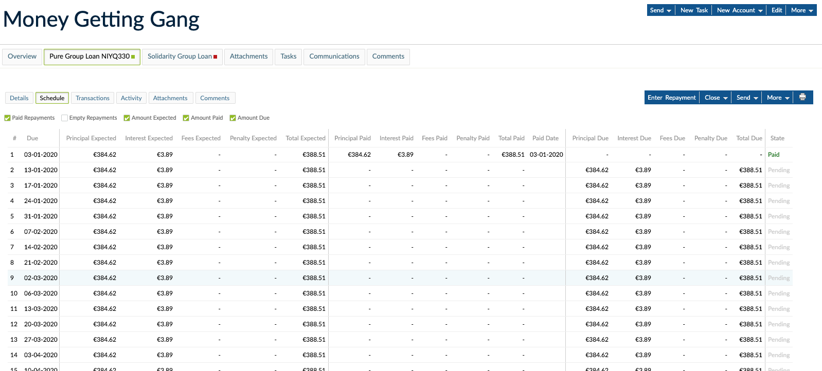 Single loan schedule for pure group loan