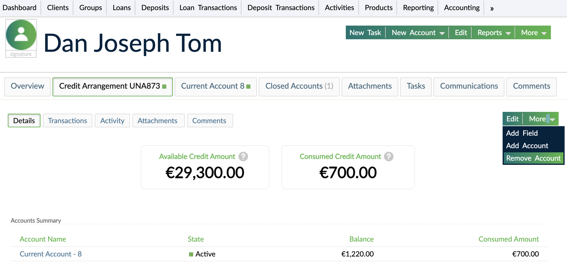 Remove an account from a credit arrangement