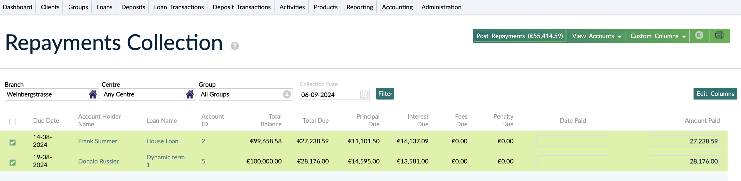 Repayments collection screen