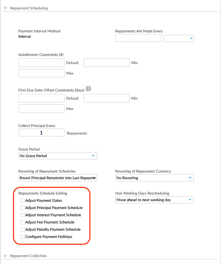 Repayments Schedule Editing options for loan products