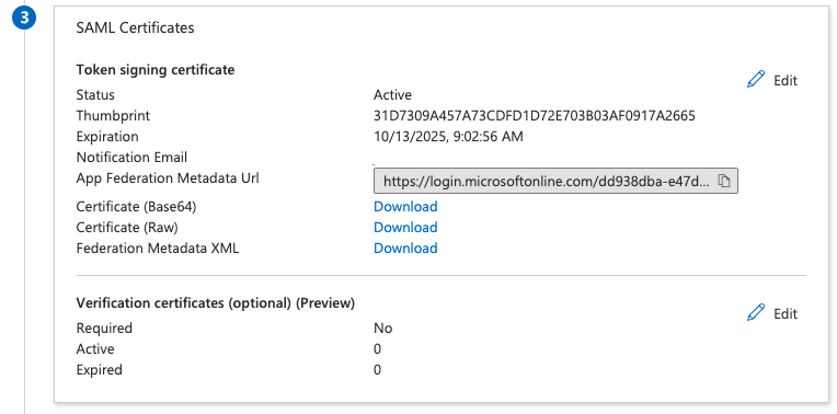 SAML Certificates section