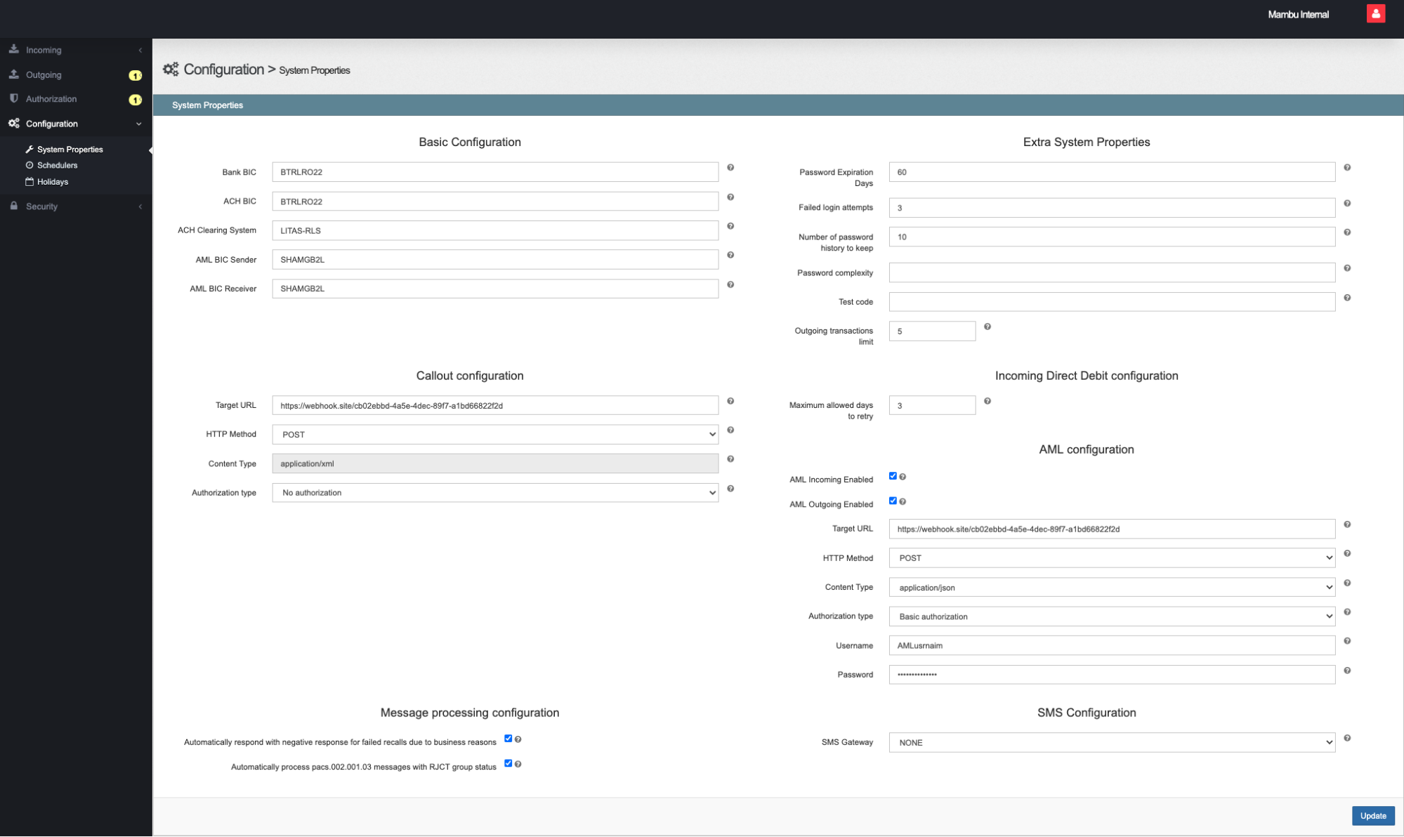SEPA Direct Debit System Properties