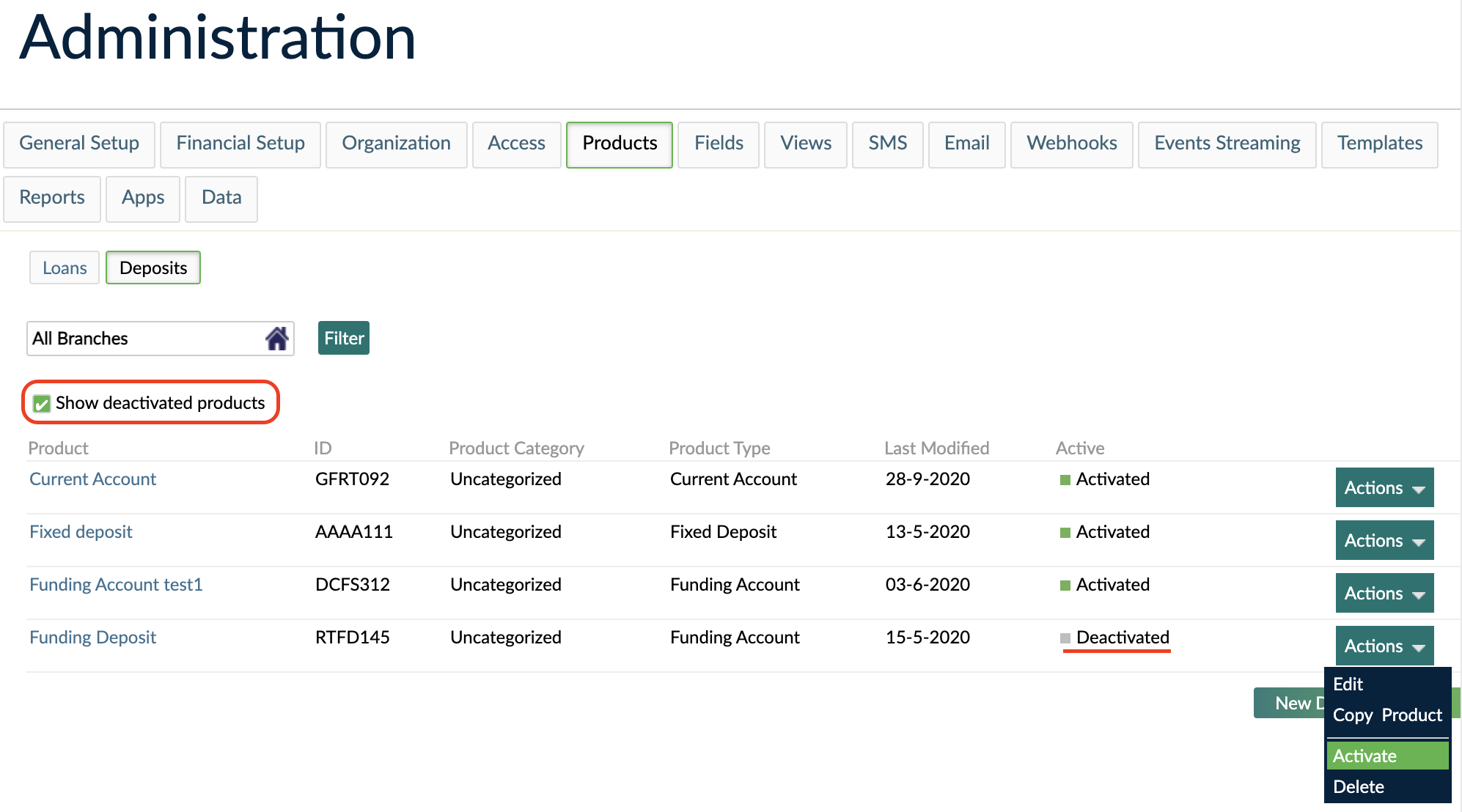 Show deactivated products option checked.