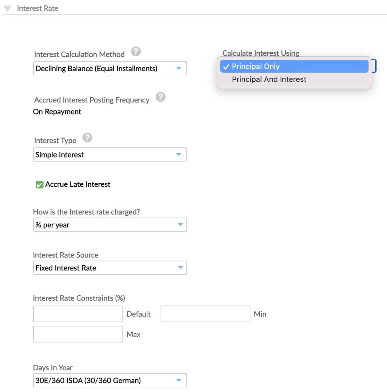 Simple interest type with the dynamic declining balance calculation method and the principal only or the principal and interest calculations