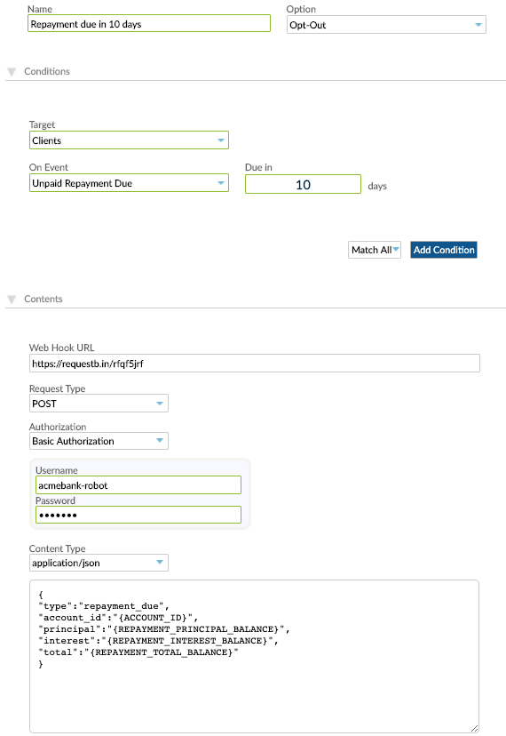 Example configuration for a webhook set up to send a notification when there is a repayment due in the net 10 days