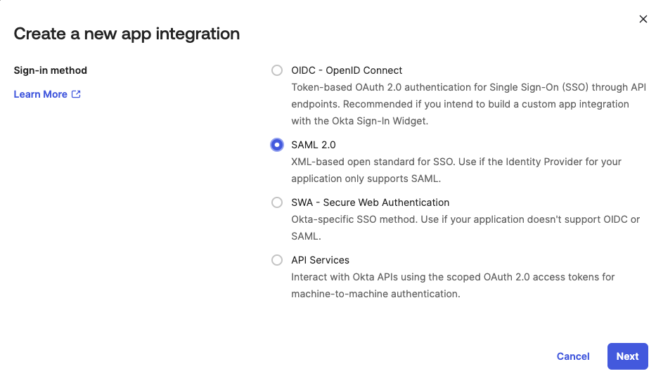 create saml 2 app