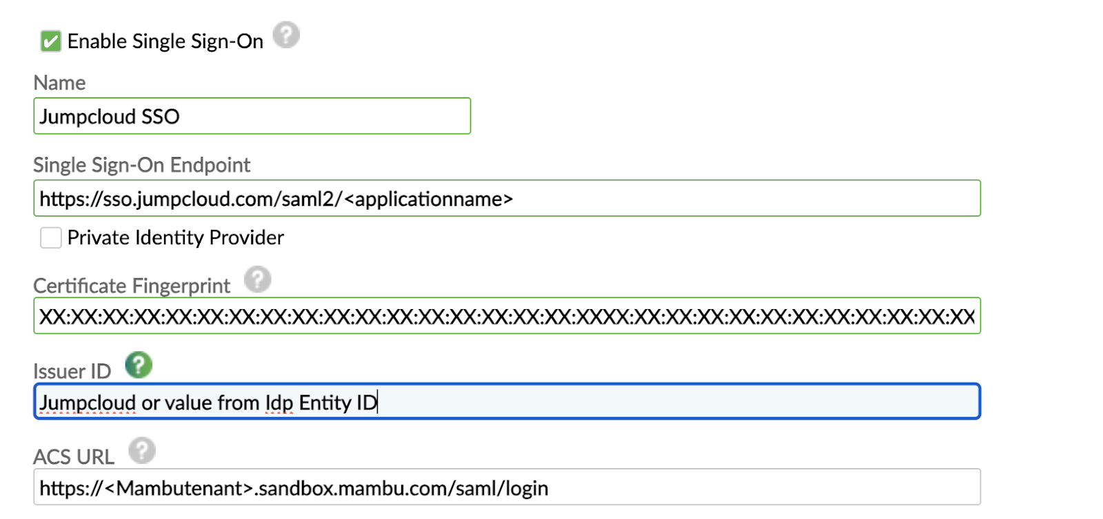 Mambu Federated Authentication — Enable Single Sign-On configuration for JumpCloud