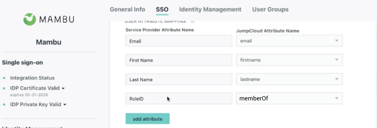 JumpCloud SSO user attribute mapping, showing RoleID mapped to the memberOf attribute