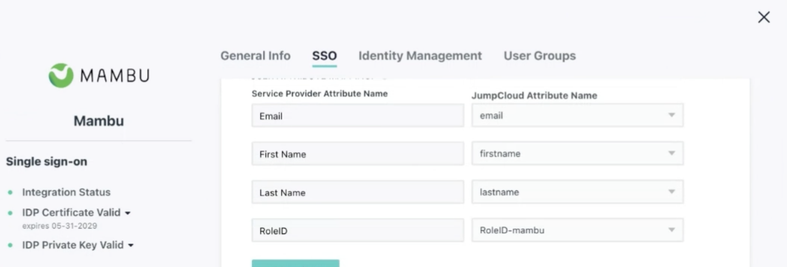 JumpCloud SSO attribute mapping using the RoleID-mambu custom attribute
