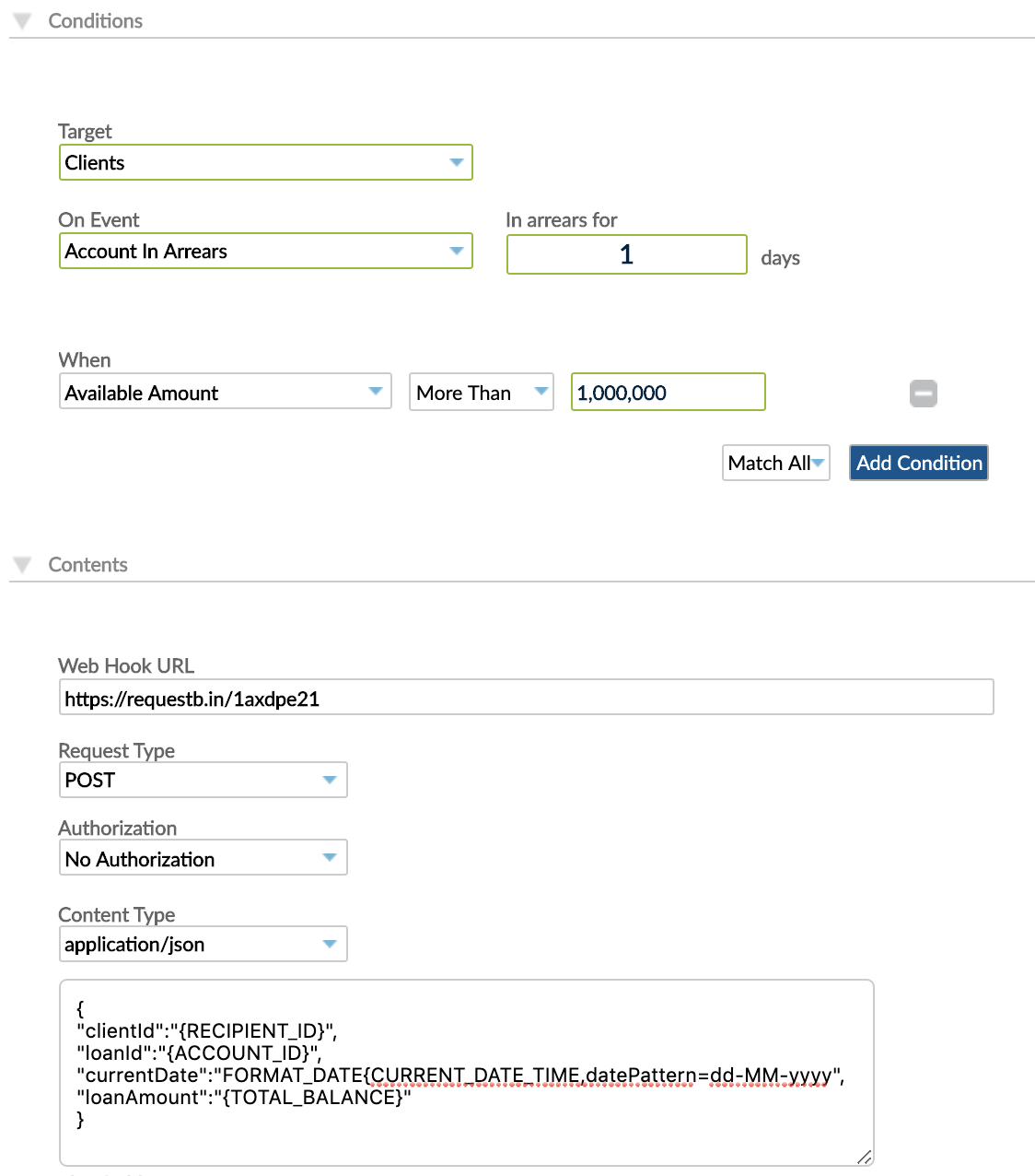 webhook showcase example loan account in arrears