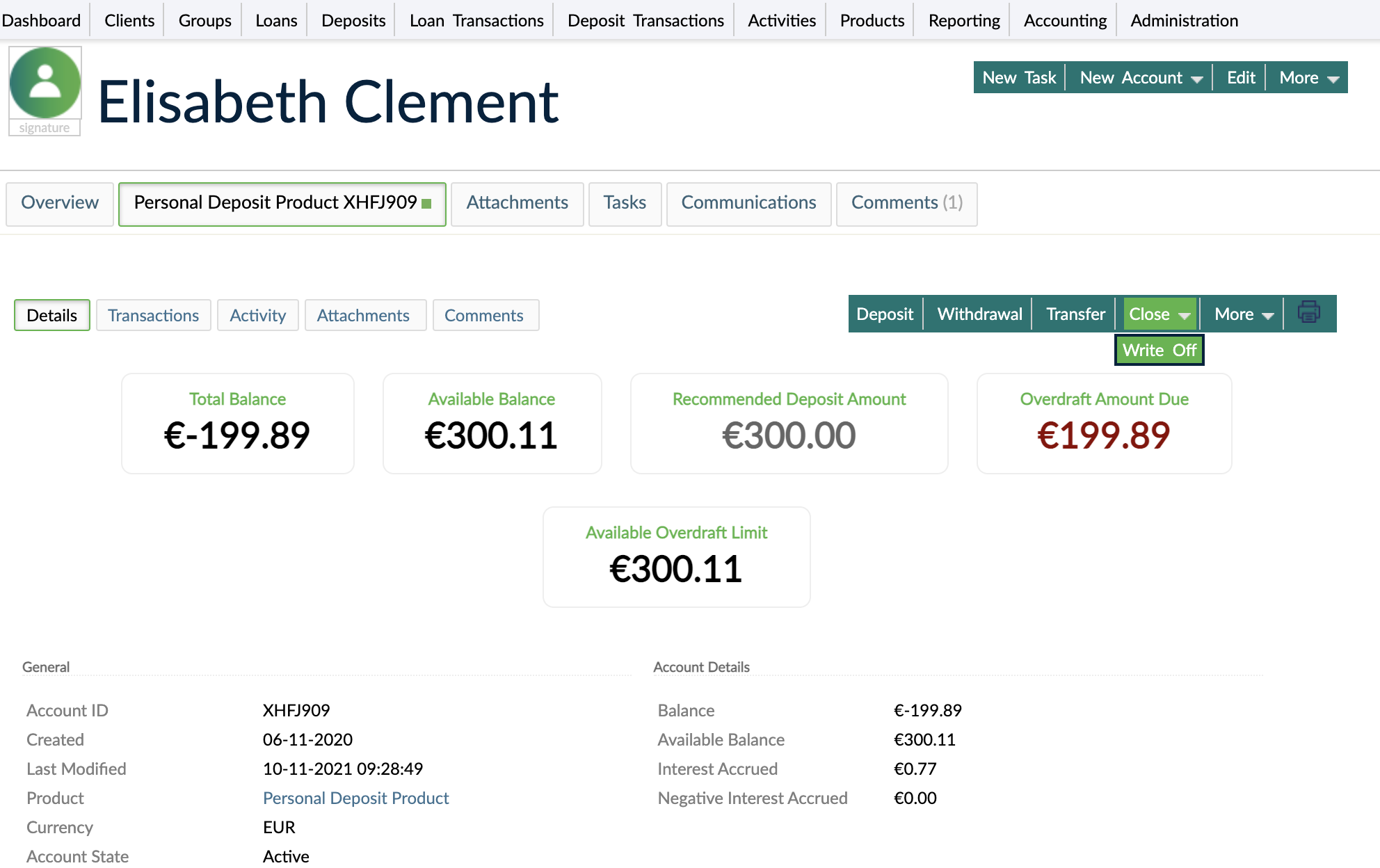 Write Off Deposit Account option under Close
